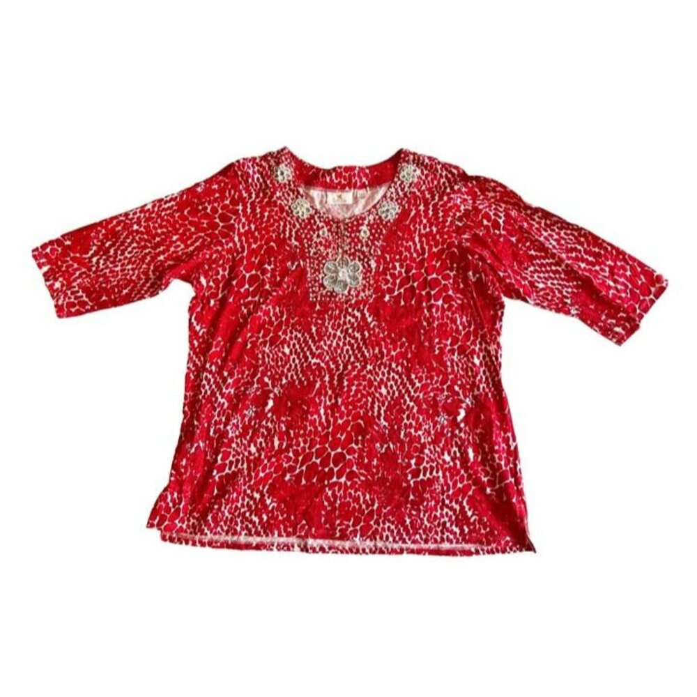 Woman 1X Quaker Factory Red Animal Print Embellished Flowers Wearable Art Blouse